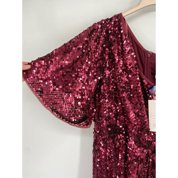 Mac Duggal Burgundy Red Sequined One-Shoulder Slit Column Formal Gown Sz 14 NWT - Picture 5 of 8